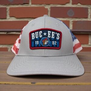 Buc-ees Patriotic American Flag Trucker Hat Gray Snapback Mesh Cap 1982 Patch